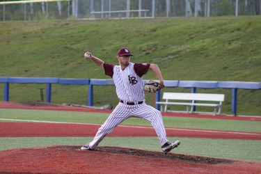 London Badgers pitcher Zack Gazendam fires to the plate against Etobicoke in the Baseball Canada 18U championship final at Shell Place in Fort McMurray, Alta., on Sunday, August 19, 2018. (Laura Beamish/Postmedia Network)