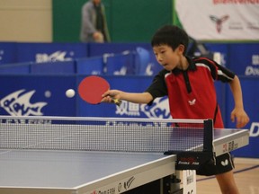 Fredrick Zhang of Oakville prepares to return the ball to his opponent during a table tennis match in Carling Heights Community Centre. (SHANNON COULTER, The London Free Press)