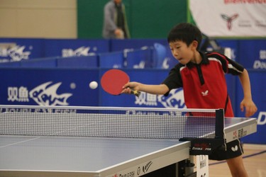 Fredrick Zhang of Oakville prepares to return the ball to his opponent during a table tennis match in Carling Heights Community Centre. (SHANNON COULTER, The London Free Press)