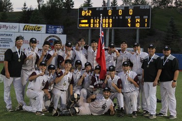 The London Badgers win the 2018 Baseball Canada 18U Championship final at Shell Place in Fort McMurray, Alta., on Sunday, August 19, 2018. The Badgers defeated Etobicoke 5-4. Laura Beamish/Fort McMurray Today/Postmedia Network