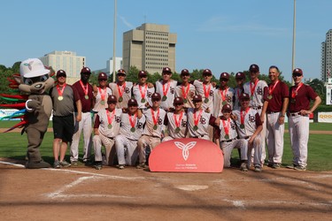The London Badgers with their gold medals from the Ontario Summer Games at Labatt Park. (SHANNON COULTER, The London Free Press)