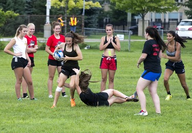 The Southwest Warriors rugby team practices in advance of the 2018 Ontario Summer Games beginning Friday  in London. (Derek Ruttan/The London Free Press)