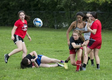The Southwest Warriors rugby team practices in advance of the 2018 Ontario Summer Games beginning Friday. (Derek Ruttan/The London Free Press)