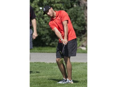 Toronto Maple Leafs forward Josh Leivo takes part in the Nazem Kadri Charity Golf Classic  at Sunningdale Golf and Country Club in London on Thursday.   This year's tournament raised money for the Canadian Mental Health Association. 
(Derek Ruttan/The London Free Press)