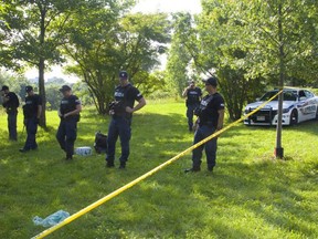 Police searching the scene where a man's body was found Aug. 10 by the Thames River near Wortley Road in London. (Mike Hensen/The London Free Press)
