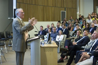 Former NHL goaltender Ken Dryden addresses hundreds, including Eric Lindros in the front row, at the See The Line concussion symposium at Western University in London on Thursday. 
(Derek Ruttan/The London Free Press)