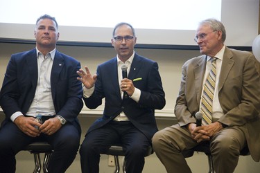 Former NHL star Eric Lindros, former Olympic and World Cup downhill skier Steve Podborski and former NHL goaltending great Ken Dryden take part in a panel discussion at the See The Line concussion symposium at Western University in London on Thursday. 
(Derek Ruttan/The London Free Press)