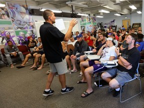 Western special teams co-ordinator Adrian Kaiser talks about their upcoming game Sunday against Carleton after practice at TD Stadium in London, Ont.. The Vanier Cup winning Mustangs begin their defence on the road with some holes to fill especially on defence. Photograph taken on Friday August 24, 2018.  Mike Hensen/The London Free Press/Postmedia Network