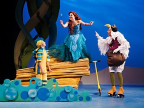 Oliver Neudorf, as Flounder, Jessica Gallant as the mermaid Ariel, and Keith Savage, as Scuttle, star in Disney's The Little Mermaid, opening in preview Thursday at Huron Country Playhouse in Grand Bend and continuing until Sept. 2.