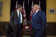 Ontario Premier Doug Ford and Toronto Mayor John Tory meet inside the Premier's office at Queen's Park in Toronto on Monday, July 9, 2018 -- a few days before Ontario government moved to reduce Toronto city council to just over half its current size. (Tijana Marin/THE CANADIAN PRESS)