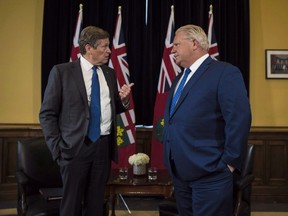 Ontario Premier Doug Ford and Toronto Mayor John Tory meet inside the Premier's office at Queen's Park in Toronto on Monday, July 9, 2018 -- a few days before Ontario government moved to reduce Toronto city council to just over half its current size. (Tijana Marin/THE CANADIAN PRESS)