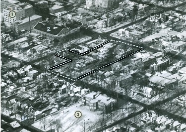 Aerial view of $450,000 downtown site (shown by dotted lines) as the location for proposed coliseum, the site is on a portion of the block bounded by Dundas, Waterloo, King and Colborne. Alexandra School grounds (3) has been proposed as the parking lot, The Victory Building (1) and the Armory (2) are shown, 1960. (London Free Press files)