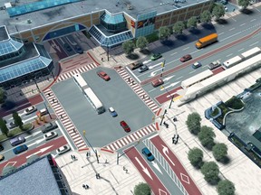 An artist's rendering of bus rapid tranist at King and Wellington street in London