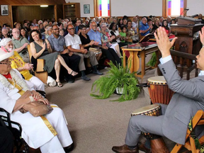 Teajai Travis of Windsor gave an inspired performance on the djembe African drums during a service at the North Buxton Community Church on Sunday June 24, 2018. Ellwood Shreve/Chatham Daily News/Postmedia Network