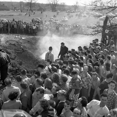 LFP April 2, 1955 Pix at scene of jet plane crash, Fairmont golf course Schenck, LFP