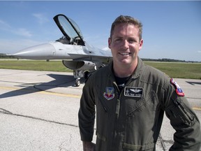 U.S. Air Force Major John (Rains) Waters and his F-16 Viper Demo Team landed at the London International Airport Wednesday in advance of this weekend's Airshow London 2018. (DEREK RUTTAN, The London Free Press)