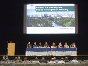 Politicians and city staff prepare to face taxi owners and drivers at a public participation meeting Tuesday at Centennial Hall about proposed changes to the city's vehicle for hire bylaw.
Derek Ruttan/The London Free Press