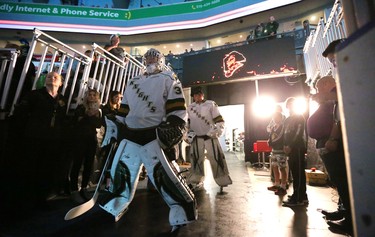 Goaltender Jordan Kooy of the London Knights prepares to lead the team onto the ice for their first game of the season against the Windsor Spitfires at Budweiser Gardens  on Friday Sept. 21.  Mike Hensen/The London Free Press