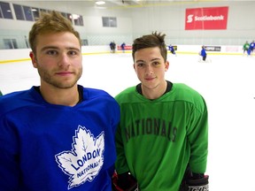 Riley MacRae, left, and Noah Tooke, both of the London Nationals are fellow diabetics living together and having a good early season for the team.  MacRae is the leading scorer and Tooke the highest-scoring defenceman on the unbeaten Nationals squad.  (Mike Hensen/The London Free Press)