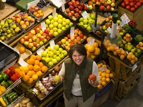 Executive director of the London Food Bank, Jane Roy, reminds Londoners that fresh food is also an option when donating to the charity in London, Ont. on Wednesday September 26, 2018. (Derek Ruttan/The London Free Press)