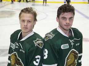 Adam Boqvist, left, and Liam Foudy will play for the London Knights this season after being sent to the OHL by their respective NHL clubs, the Chicaco Blackhawks and the Columbus Blue Jackets. (Derek Ruttan/The London Free Press)