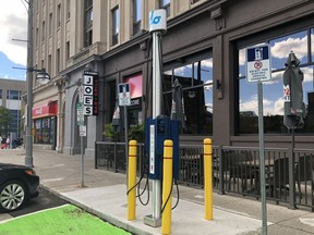 Located on Dundas Street at Wellington Street, this is one of three new charging stations for electric vehicles that London Hydro will officially unveil to the public Friday. (Jonathan Juha, The London Free Press)