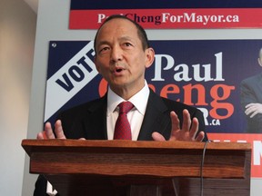 Mayoral candidate Paul Cheng spoke to supporters at his campaign headquarters on Friday, Sept. 14, 2018. (MEGAN STACEY/The London Free Press)