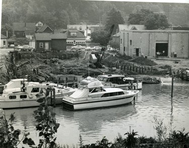 About 1,500 cubic yeards of dirt are being removed at Port Stanley, just north of the lift bridge, for a new marina, The Trans-Erie Seagoin' Centre, 1965. (London Free Press files)