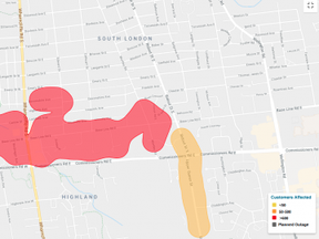 A London Hydro map illustrating outages in the city.