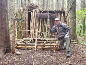 Ryan Kunder has constructed an elaborate shelter in a bush south of Stratford in hopes of being cast on an upcoming season of Alone. (Handout)