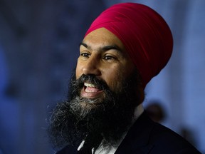 NDP Leader Jagmeet Singh speaks to media on Parliament Hill in Ottawa on Monday, Sept. 17, 2018. (THE CANADIAN PRESS/Sean Kilpatrick)