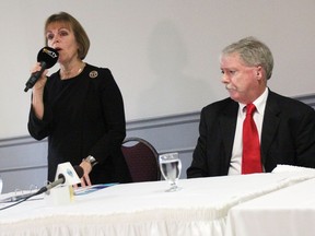 Anne Marie Gillis and Mike Bradley squared off in their first debate of the 2018 municipal election campaign Tuesday at the Dante Club in Sarnia. They're the two frontrunners for mayor in Sarnia. Voting is Oct. 11-22. (Tyler Kula/Sarnia Observer)