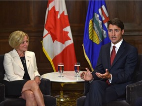 Alberta Premier Rachel Notley meets with Prime Minister Justin Trudeau at the Fairmont Hotel Macdonald in Edmonton, September 5, 2018.