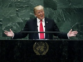 President Donald Trump addresses the 73rd session of the United Nations General Assembly, at UN headquarters, Tuesday, Sept. 25, 2018. A sound of sudden, loud and unexpected laughter was directed at Trump as he addressed global leaders at the United Nations, and it was witnessed by an audience of tens of millions viewing immediate clips online of a humiliating moment for Donald Trump. The laughter followed Trumps boasts that "in less than two years, my administration has accomplished more than almost any administration in the history of our country."   (Richard Drew/AP Photo)