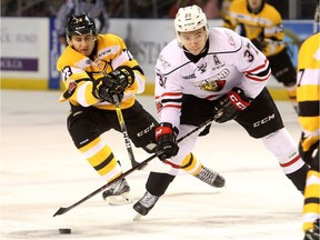 Canadiens prospect Nick Suzuki, being pursued by Kingston Frontenacs’ Gabriel Vilardi, had 42 goals in 64 games last season for the OHL’s Owen Sound Attack.