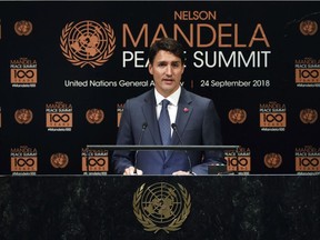 Prime Minister Justin Trudeau addresses the Nelson Mandela Peace Summit in the United Nations General Assembly, at UN headquarters on Monday. His latest 'charm' offensive was difficult to decipher.