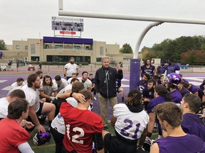 Western Mustangs head coach Greg Marshall talks to his players at the end of a practice Thursday evening at TD Stadium in preparation for their Ontario university football game Saturday against the Queen's Gaels in Kingston. (Paul Vanderhoeven/The London Free Press)