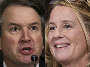 This combination of file pictures shows Dr. Christine Blasey Ford, the woman accusing Supreme Court nominee Brett Kavanaugh (L) of sexually assaulting her at a party 36 years ago, during testimony during Kavanaugh's US Senate Judiciary Committee confirmation hearing on Capitol Hill in Washington, DC, September 27, 2018.(Photos by WIN MCNAMEE and SAUL LOEB / POOL / AFP)