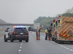 An eastbound portion of the Hwy. 401 near West Lorne was closed Saturday after one person died following a collision between a vehicle and a tractor-trailer. JONATHAN JUHA/THE LONDON FREE PRESS