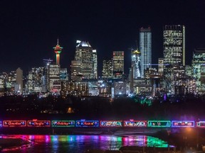 The CP Holiday Train is a colourful sight as it passes through Calgary.