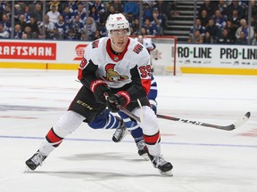 Alex Formenton of the Ottawa Senators skates against the Toronto Maple Leafs during an NHL game at Scotiabank Arena on October 6, 2018 in Toronto.