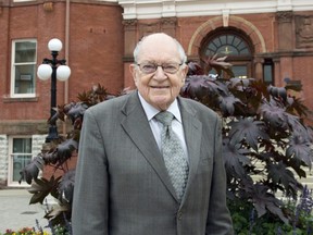 Former Stratford mayor Keith Culliton, shown outside city hall in 2014, died peacefully Tuesday at the age of 91. (Submitted photo)