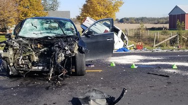 One person was killed in a Thursday morning in Lambton County (OPP photo)