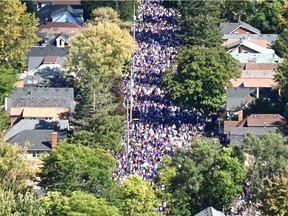 A screenshot from a London police photo shows crowds of people filling Broughdale Avenue in London for what Western University students call fake homecoming, or FoCo. This photo is from Oct. 3, 2018