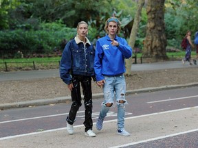Justin Bieber and fiancee Hailey Baldwin enjoy a walk in Central London, stopping for a drink and a bite to eat in coffee shop Joe & The Juice, before heading to Selfridges to do some shopping. The couple looked very happy and in love, and ended their day out in Hyde Park, where they stopped to share a kiss.  ( Will Alexander/WENN.com)