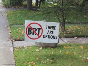 The anti-BRT signs distributed by StopBRT and picked up by others lobbying against the project have since been deemed a violation of London's sign bylaw. (MEGAN STACEY/The London Free Press)