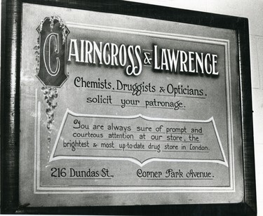 Cairncross & Lawrence sign, one of London's oldest chain of drug stores, 1886.  (London Free Press files)