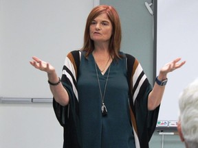 Chatham's Sharon Campbell-Rayment spoke about her life since acquiring foreign accent syndrome after she fell of a horse 10 years ago, during a recent lecture at Sombra Museum. (Carl Hnatyshyn/Sarnia This Week)