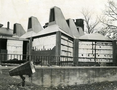 The construction industry's centennial gift to London at Queens Avenue next to the Public Library, a side view of the five-pointed historical Centennial museum, 1967. (London Free Press files)