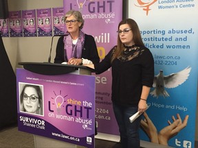 London Abused Womens Center executive director Megan Walker with 2018 Shine the Light on Woman Abuse honouree Shainee Chalk Friday morning. (Jennifer Bieman/The London Free Press)